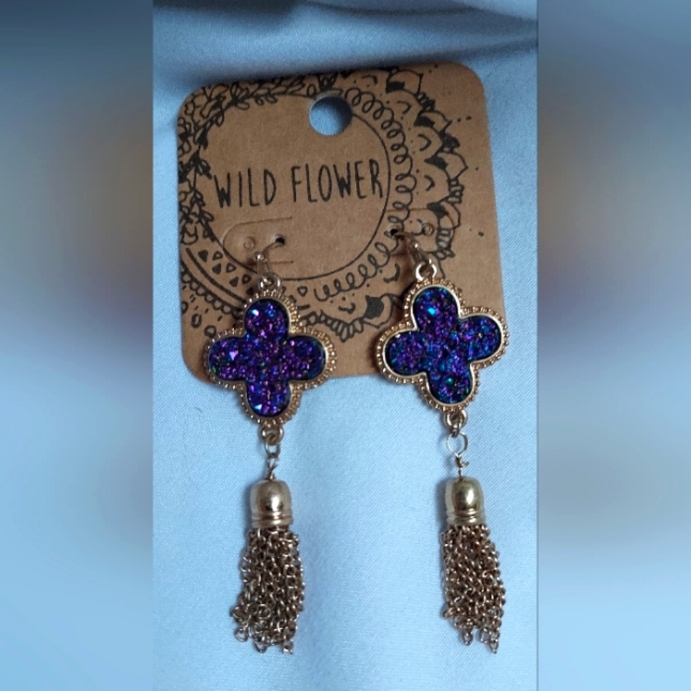 Purple Iridescent Glitter Gold Tone Metal Cross Chain Tassel Earrings Art Boho